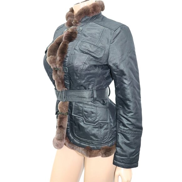 Sleek Stylish Italian We Are Replay Italian Fitted Coat Fur Trim Small - Picture 3 of 5